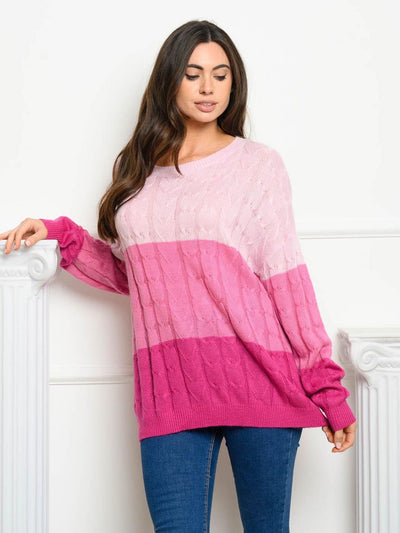 WOMEN'S LONG SLEEVE COLORBLOCK CABLE KNIT SWEATER