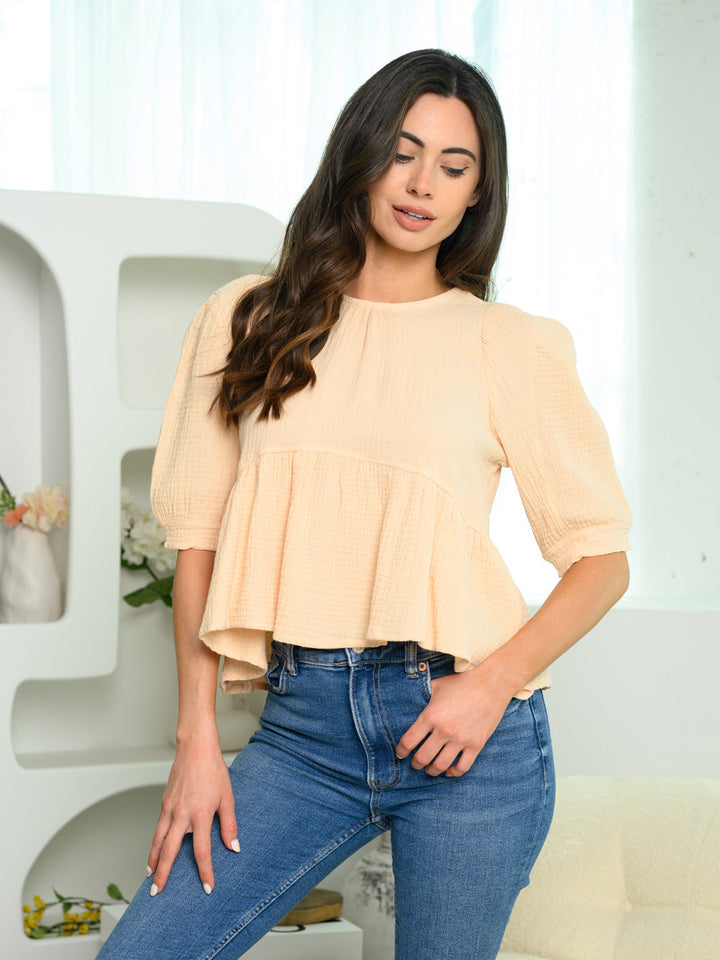 WOMEN'S SHORT PUFF SLEEVE BACK BUTTONS PEPLUM TOP