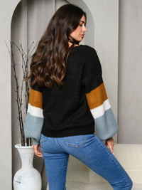 WOMEN'S LONG SLEEVE V-NECK COLORBLOCK SWEATER
