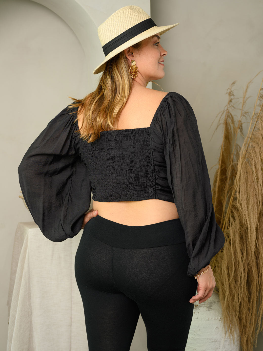 PLUS SIZE LONG PUFF SLEEVE RUCHED TOP