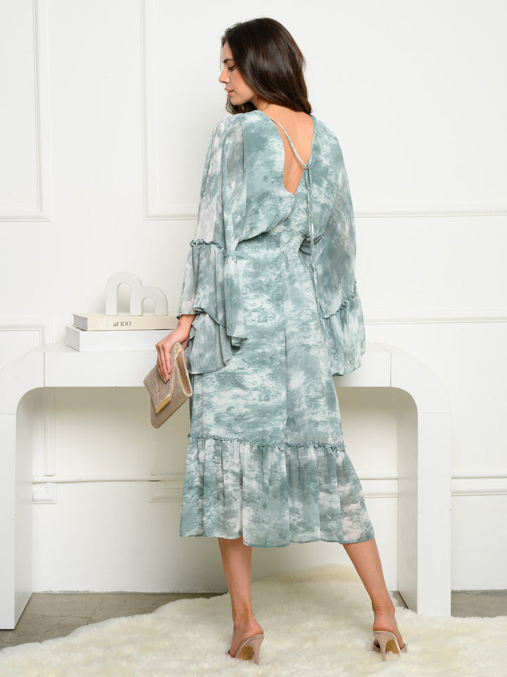 WOMEN'S 3/4 BEL SLEEVE V-NECK TIE DYE MAXI DRESS