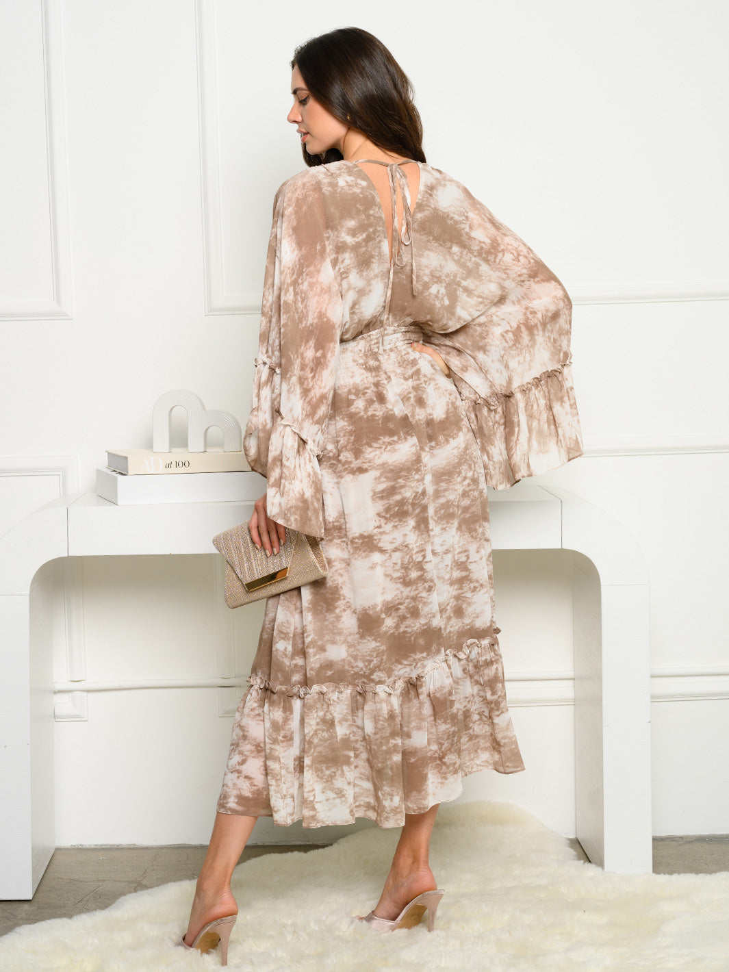 WOMEN'S 3/4 BEL SLEEVE V-NECK TIE DYE MAXI DRESS