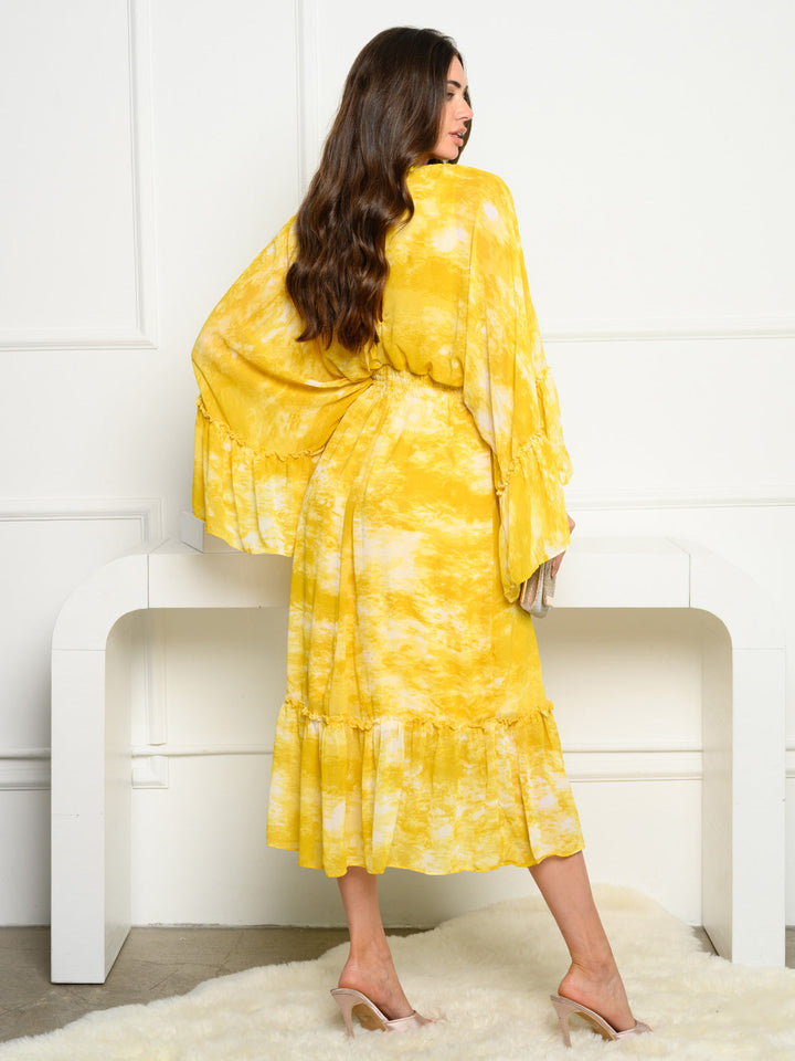 WOMEN'S 3/4 BEL SLEEVE V-NECK TIE DYE MAXI DRESS