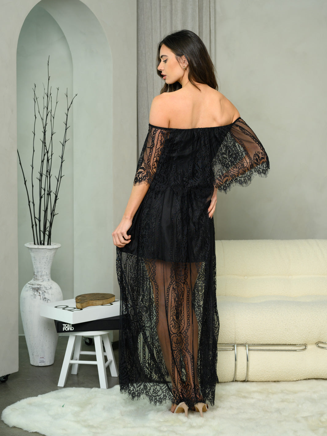 WOMEN'S OFF SHOULDER ALL OVER LACE MAXI DRESS