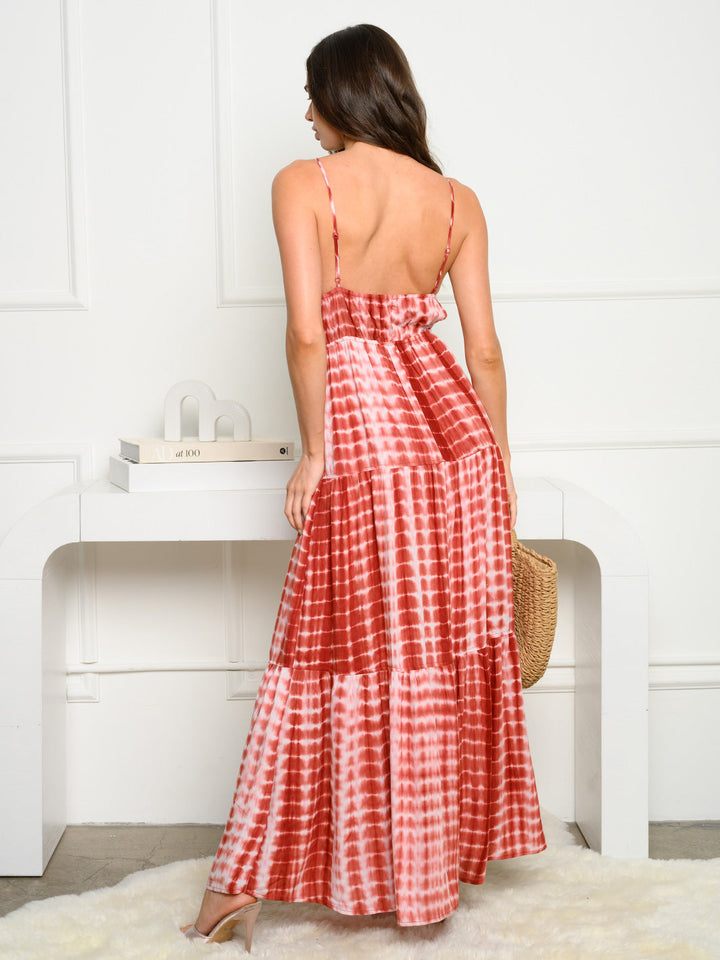 WOMEN'S SLEEVELESS TIERED V-NECK TIE DYE MAXI DRESS