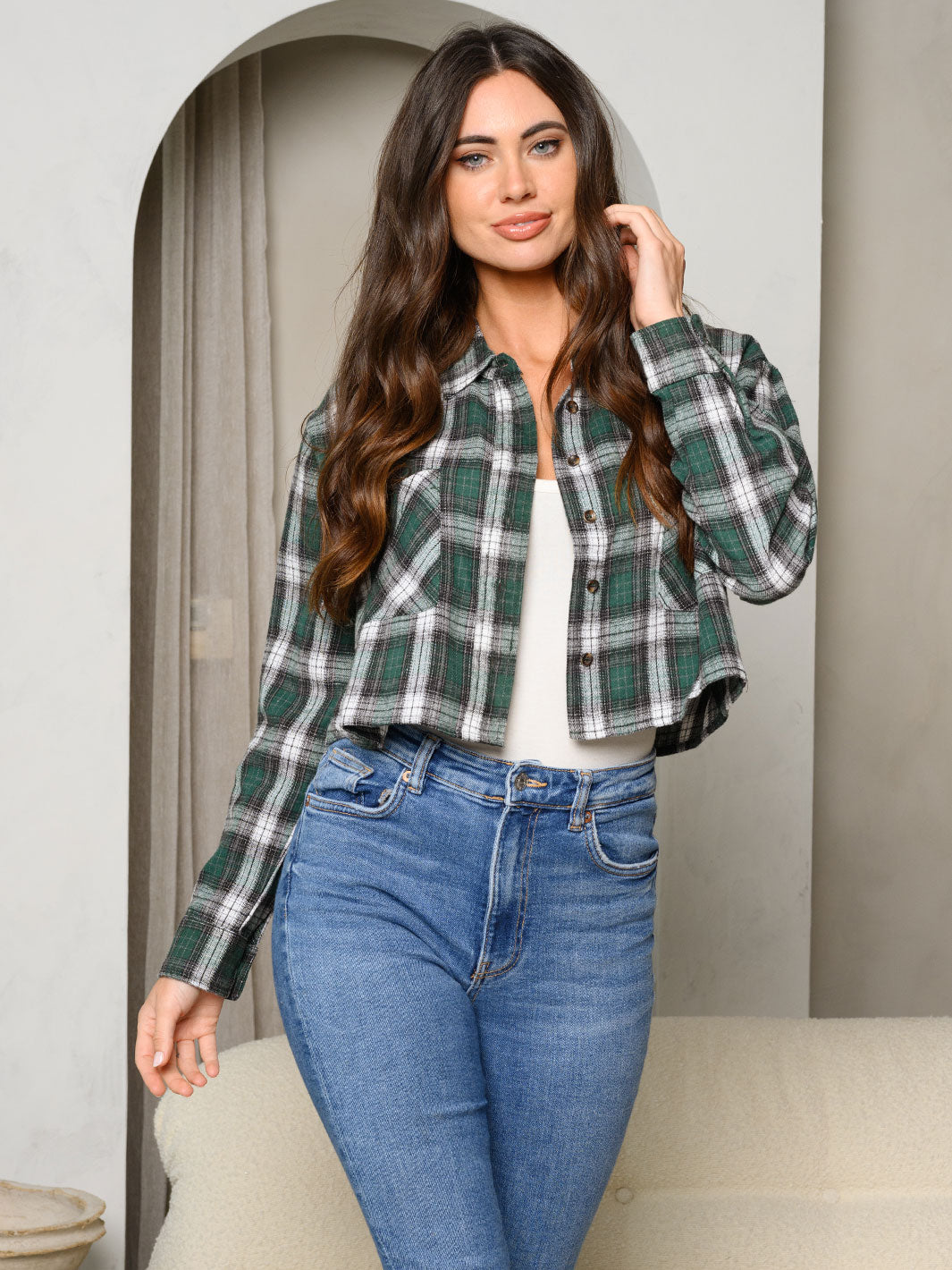 WOMEN'S LONG SLEEVE BUTTON UP PLAID TOP