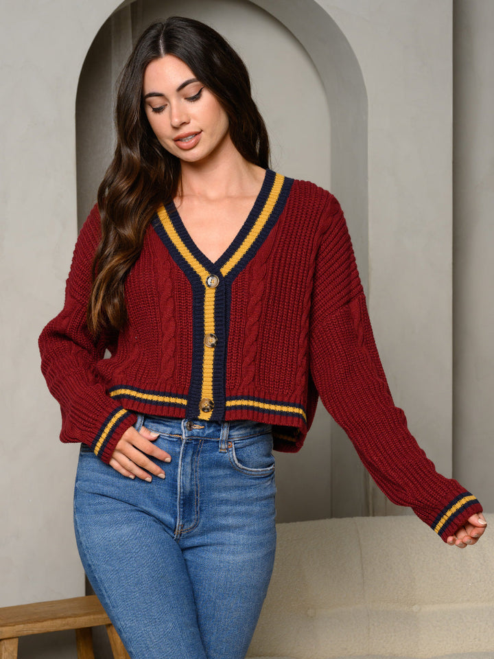 WOMEN'S LONG SLEEVE V-NECK BUTTON UP COLORBLOCK SWEATER