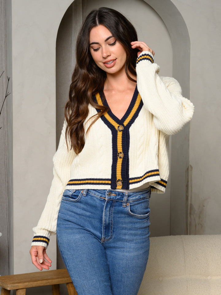 WOMEN'S LONG SLEEVE V-NECK BUTTON UP COLORBLOCK SWEATER