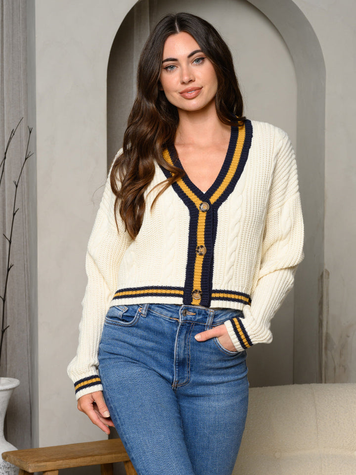 WOMEN'S LONG SLEEVE V-NECK BUTTON UP COLORBLOCK SWEATER