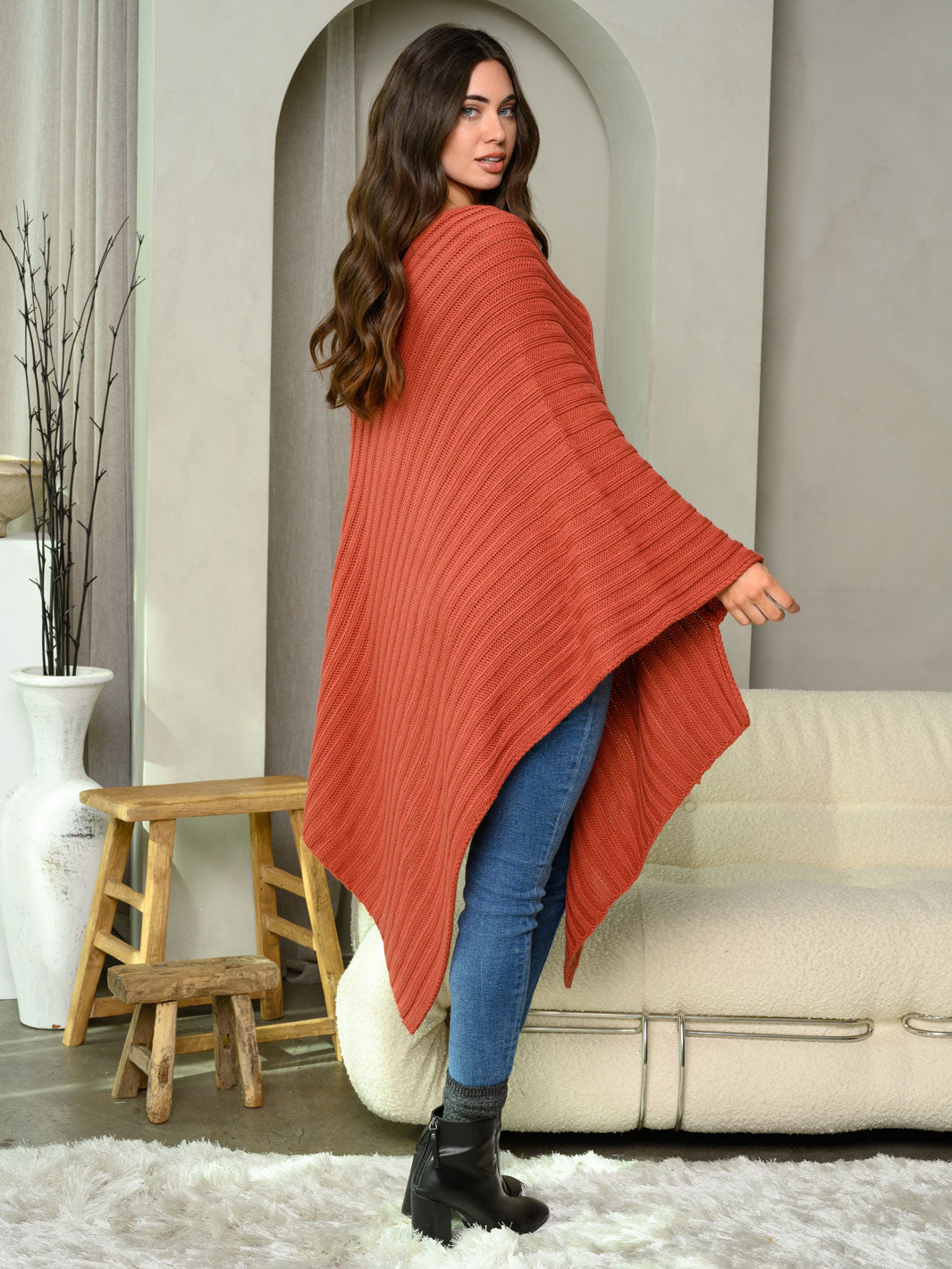 WOMEN'S RIBBED LONG PONCHO SWEATER