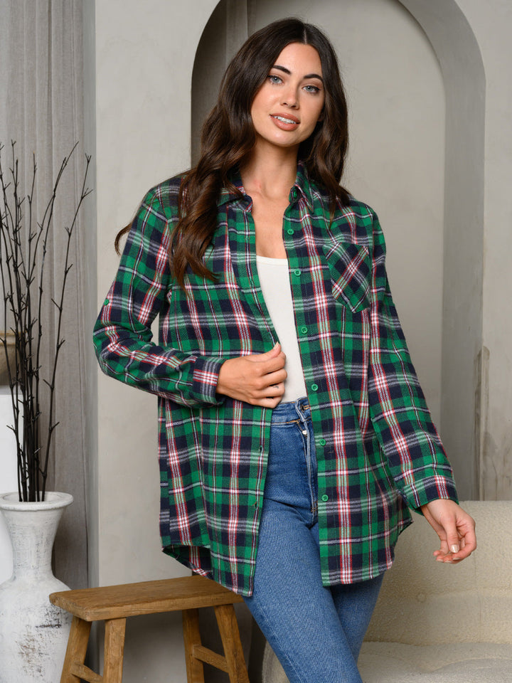 WOMEN'S LONG SLEEVE BUTTON UP PLAID TOP