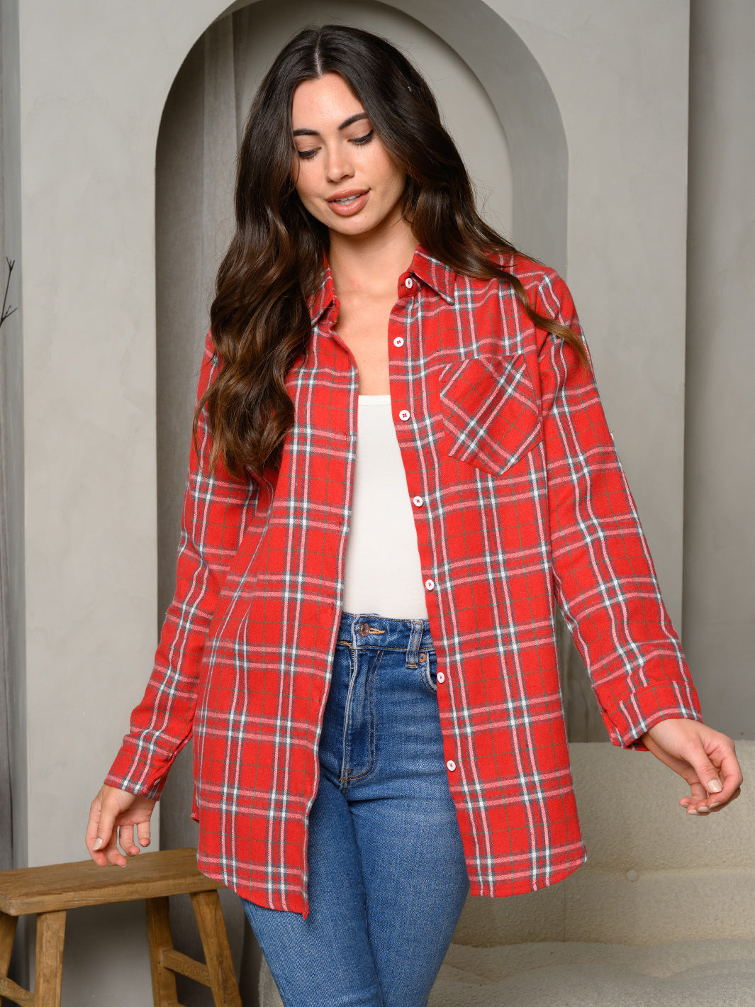 WOMEN'S LONG SLEEVE BUTTON UP PLAID TOP