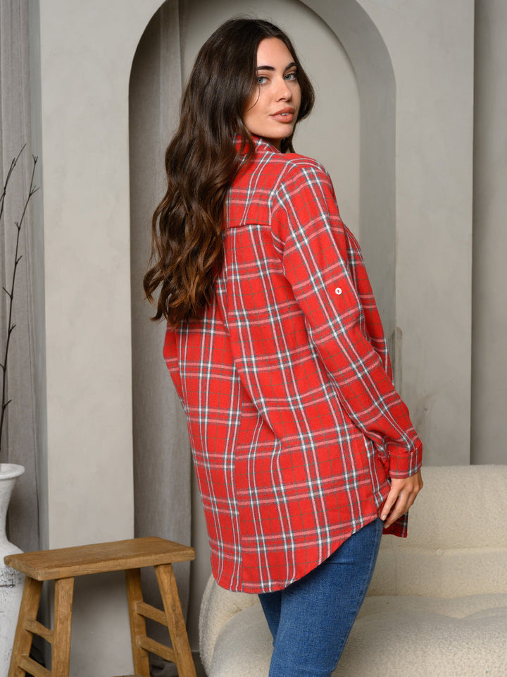 WOMEN'S LONG SLEEVE BUTTON UP PLAID TOP
