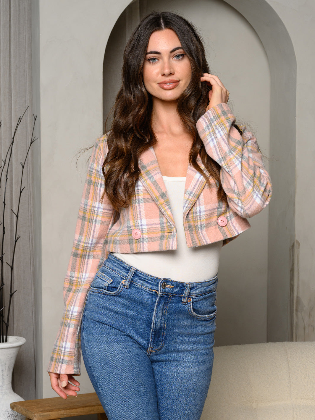 WOMEN'S LONG SLEEVE PLAID BUTTON UP CROP JACKET
