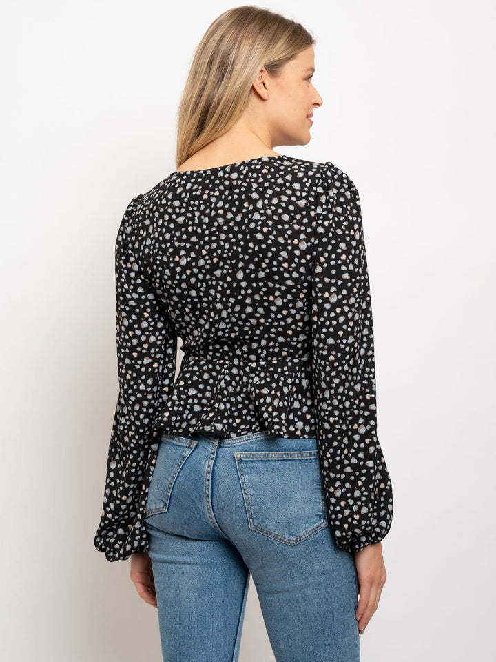 WOMEN'S DOT PRINT V-NECK LONG SLEEVE TOP