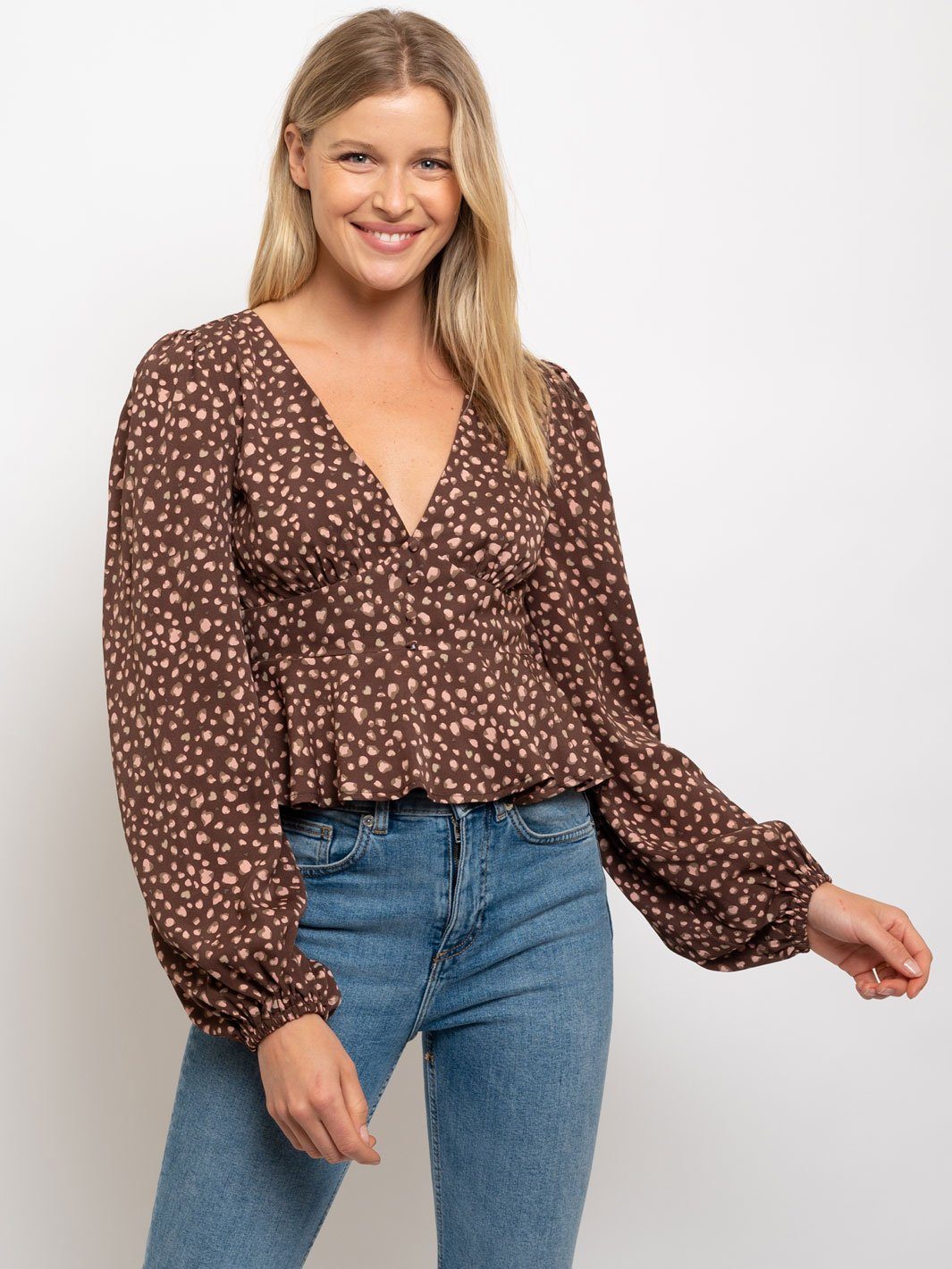 WOMEN'S DOT PRINT V-NECK LONG SLEEVE TOP