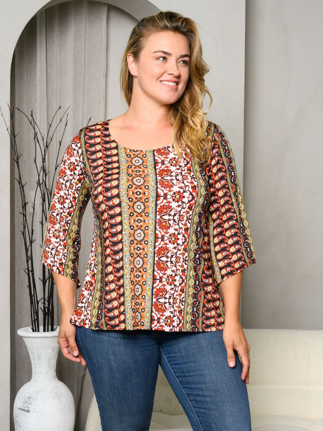 PLUS SIZE 3/4 SLEEVES MULTI PRINT TUNIC TOP