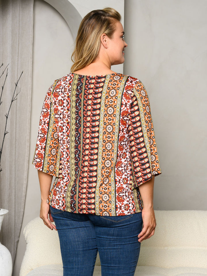 PLUS SIZE 3/4 SLEEVES MULTI PRINT TUNIC TOP