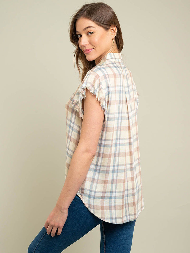 WOMEN'S SLEEVELESS PLAID WOVEN TOP
