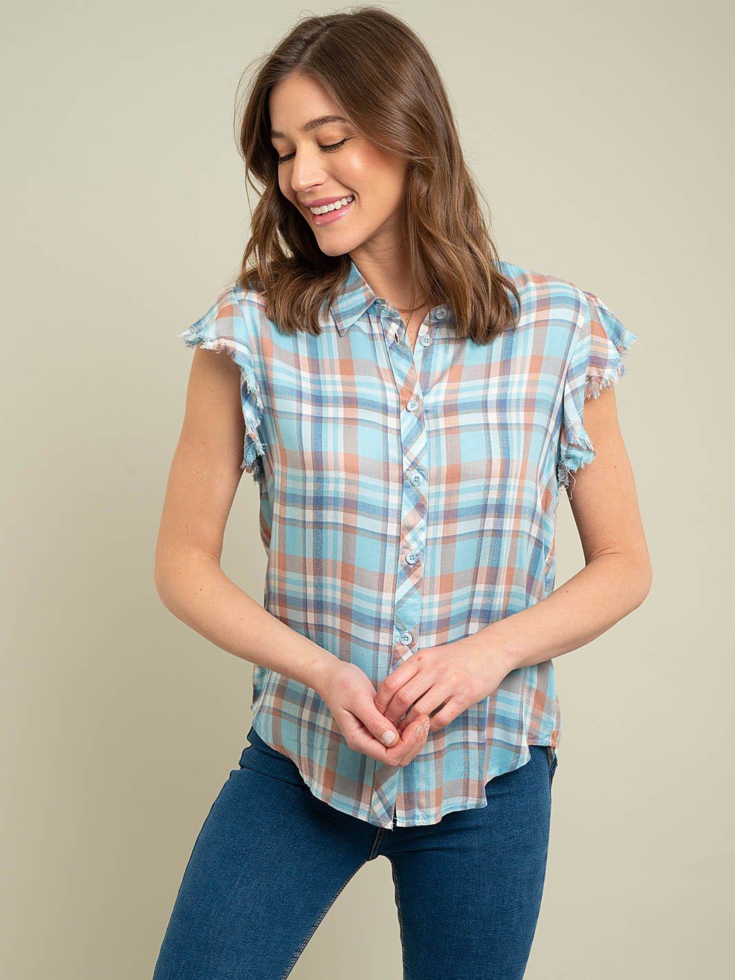 WOMEN'S SLEEVELESS PLAID WOVEN TOP