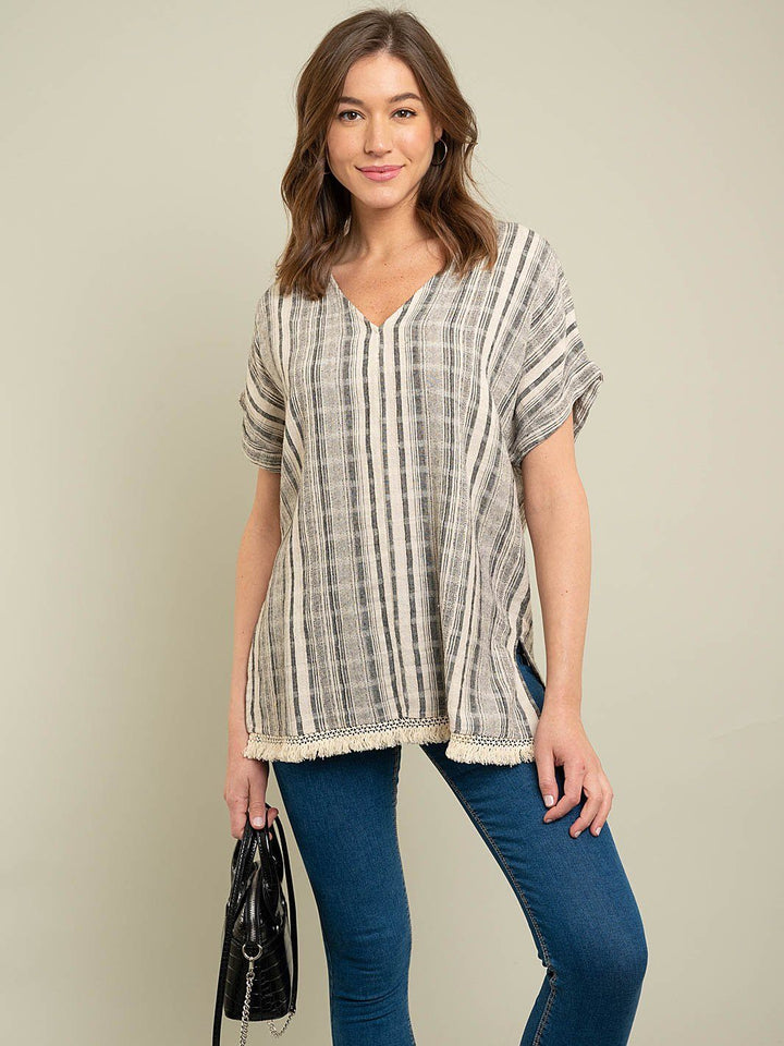 WOMEN'S STRIPE WOVEN TOP WITH FRINGE DETAIL