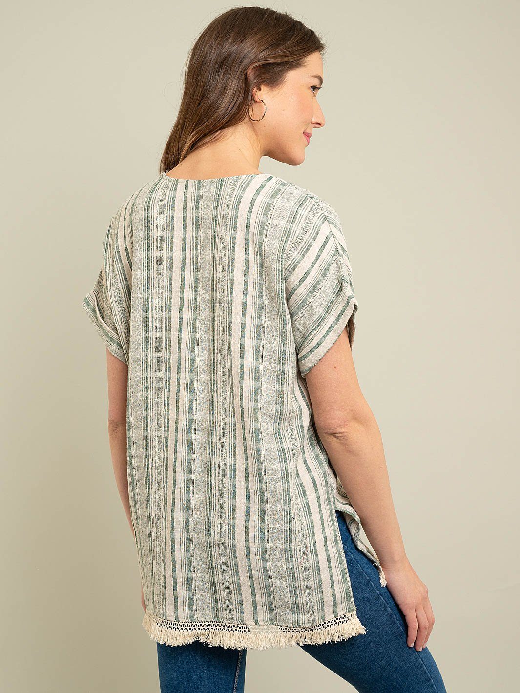 WOMEN'S STRIPE WOVEN TOP WITH FRINGE DETAIL