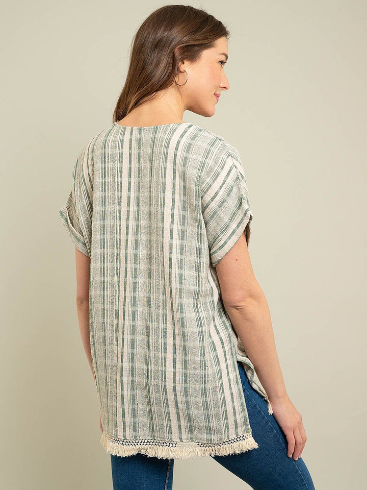 WOMEN'S STRIPE WOVEN TOP WITH FRINGE DETAIL