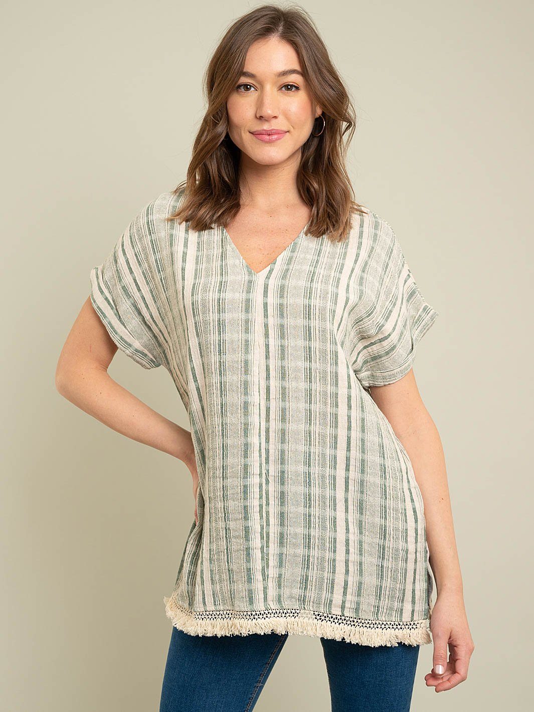 WOMEN'S STRIPE WOVEN TOP WITH FRINGE DETAIL
