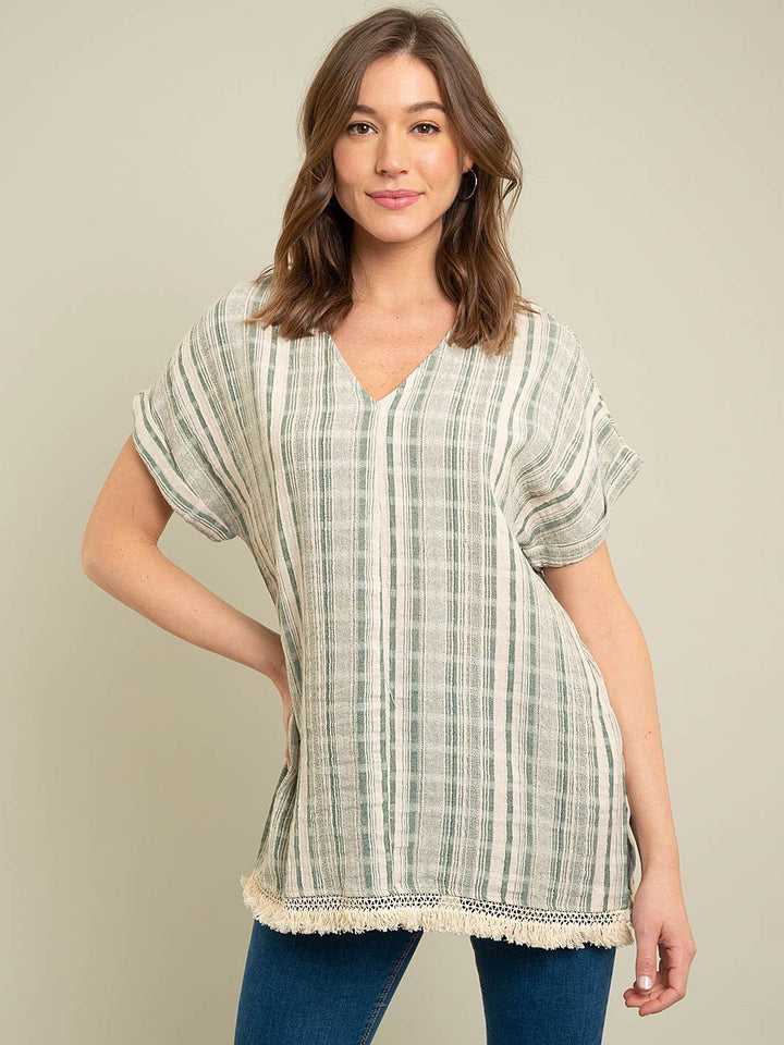 WOMEN'S STRIPE WOVEN TOP WITH FRINGE DETAIL