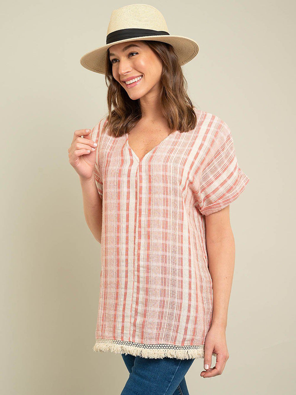 WOMEN'S STRIPE WOVEN TOP WITH FRINGE DETAIL