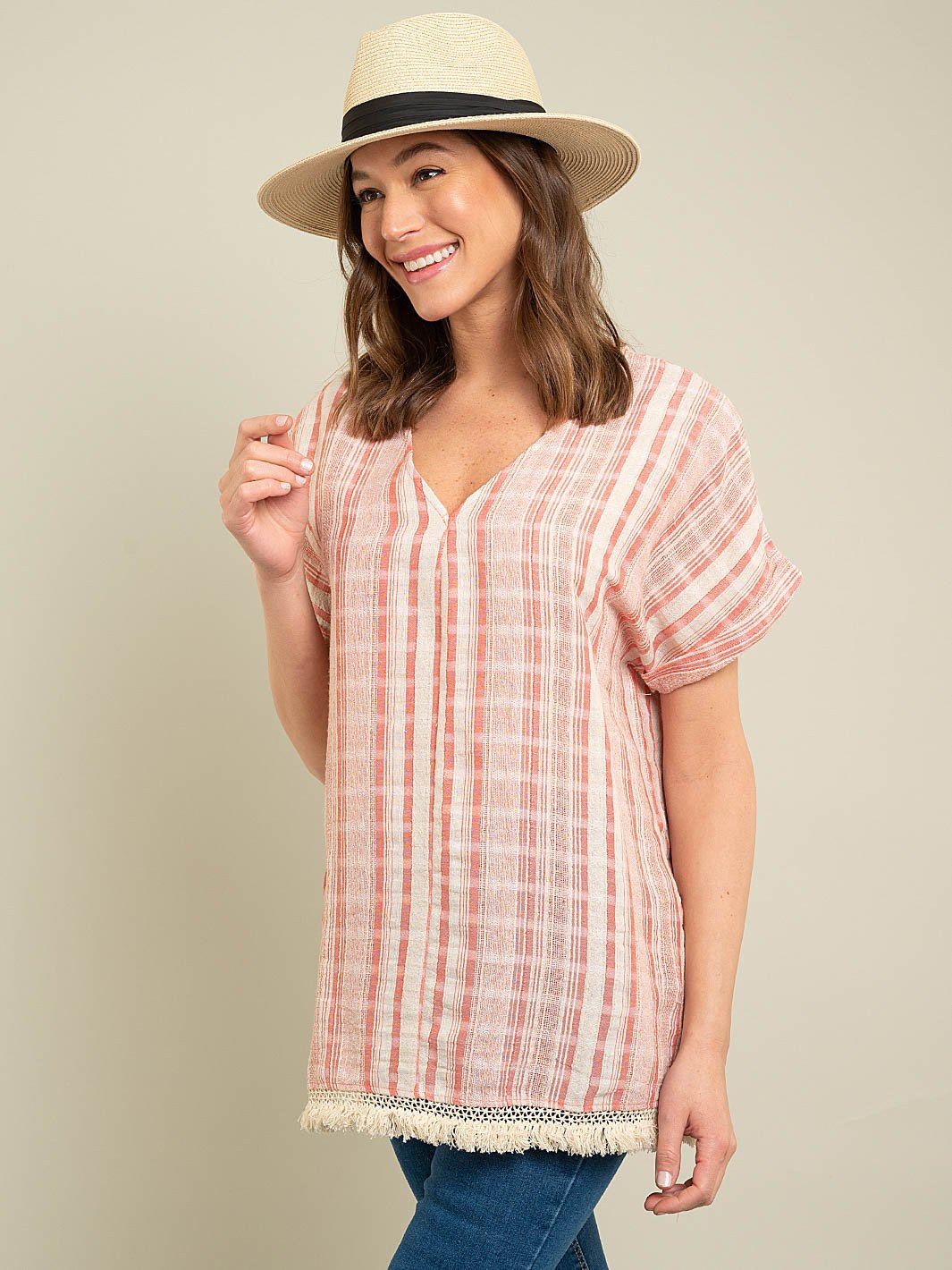 WOMEN'S STRIPE WOVEN TOP WITH FRINGE DETAIL