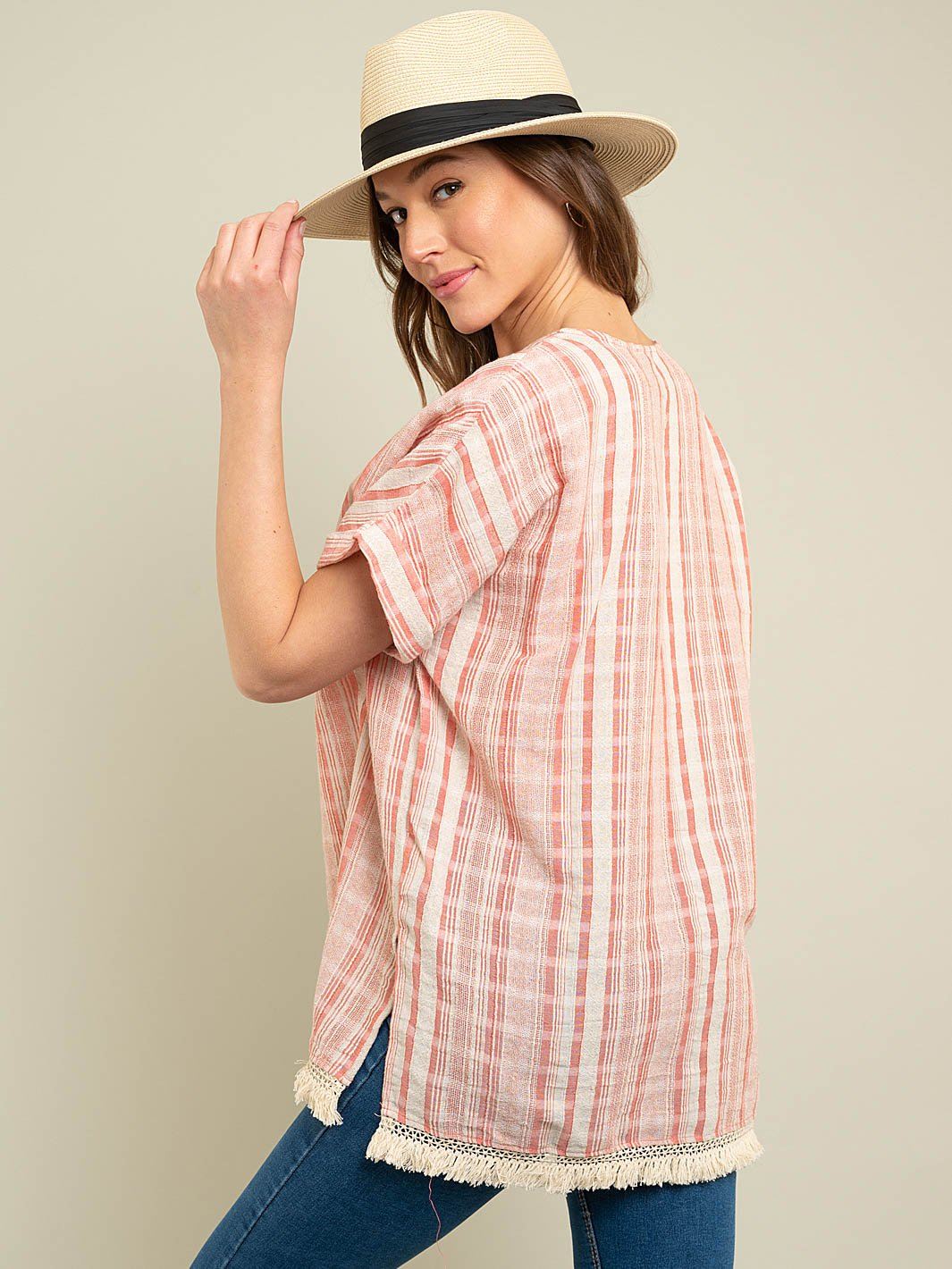 WOMEN'S STRIPE WOVEN TOP WITH FRINGE DETAIL