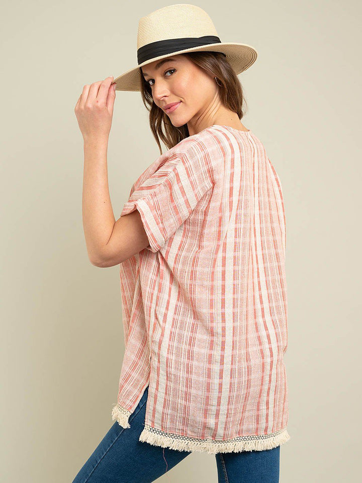 WOMEN'S STRIPE WOVEN TOP WITH FRINGE DETAIL
