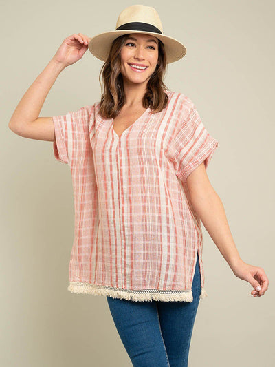WOMEN'S STRIPE WOVEN TOP WITH FRINGE DETAIL