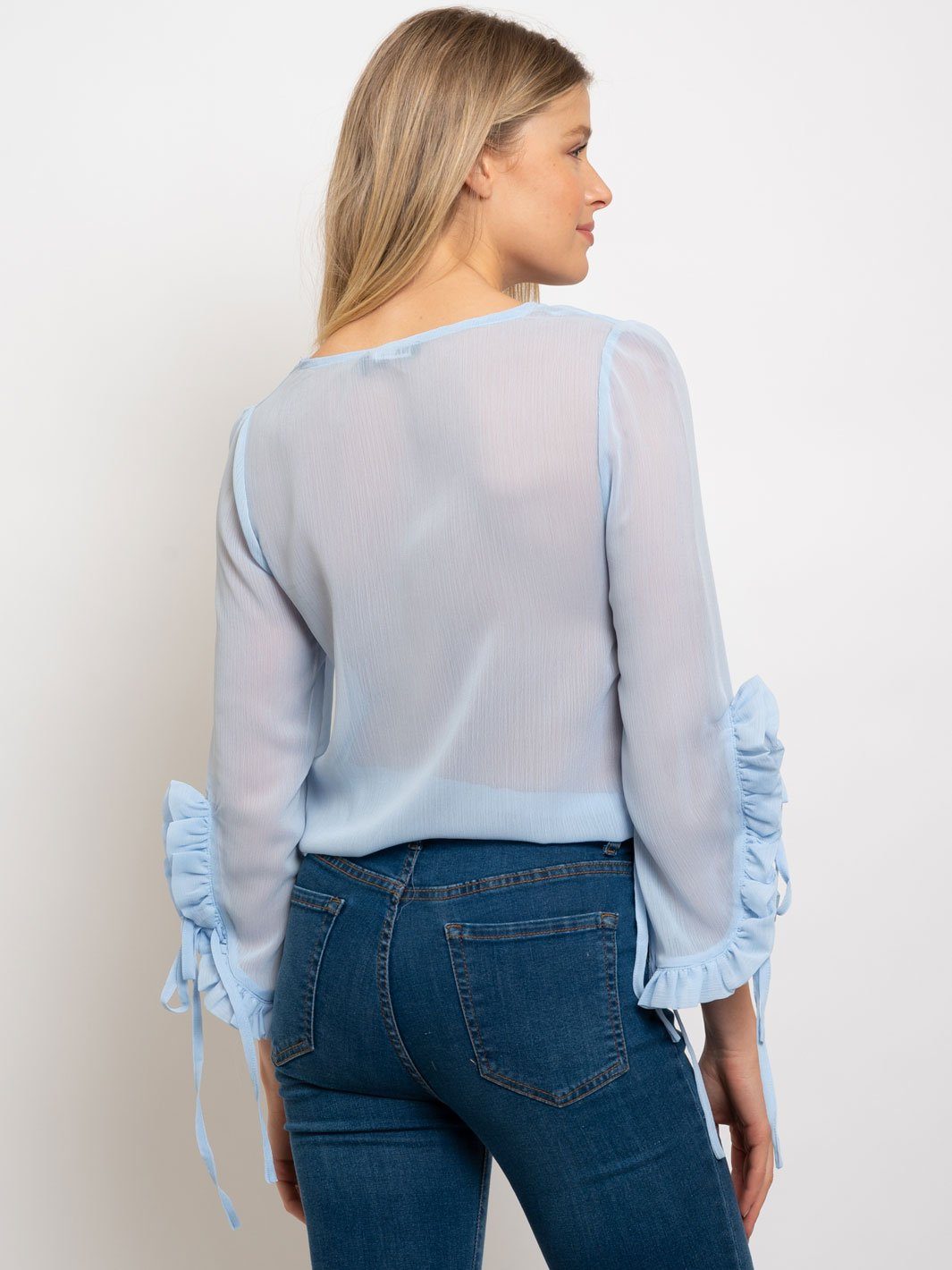 WOMEN'S WRAP LONG SLEEVE RUFFLE DETAIL TOP