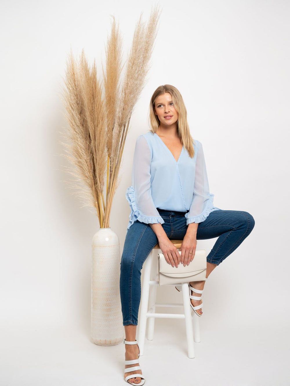 WOMEN'S WRAP LONG SLEEVE RUFFLE DETAIL TOP