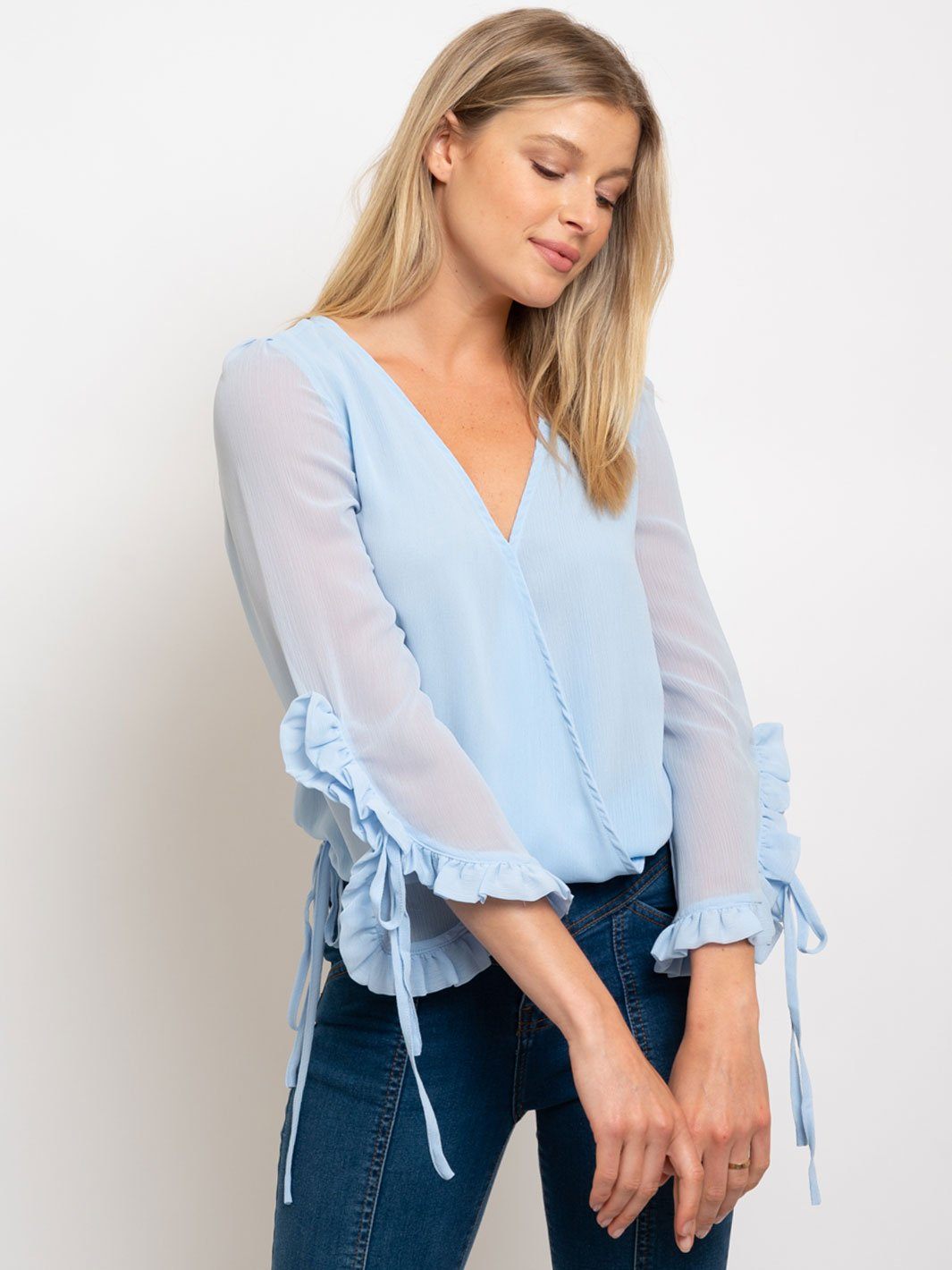 WOMEN'S WRAP LONG SLEEVE RUFFLE DETAIL TOP