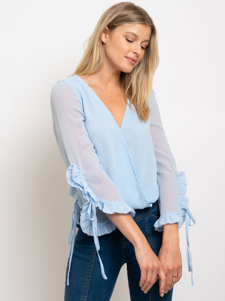 WOMEN'S WRAP LONG SLEEVE RUFFLE DETAIL TOP