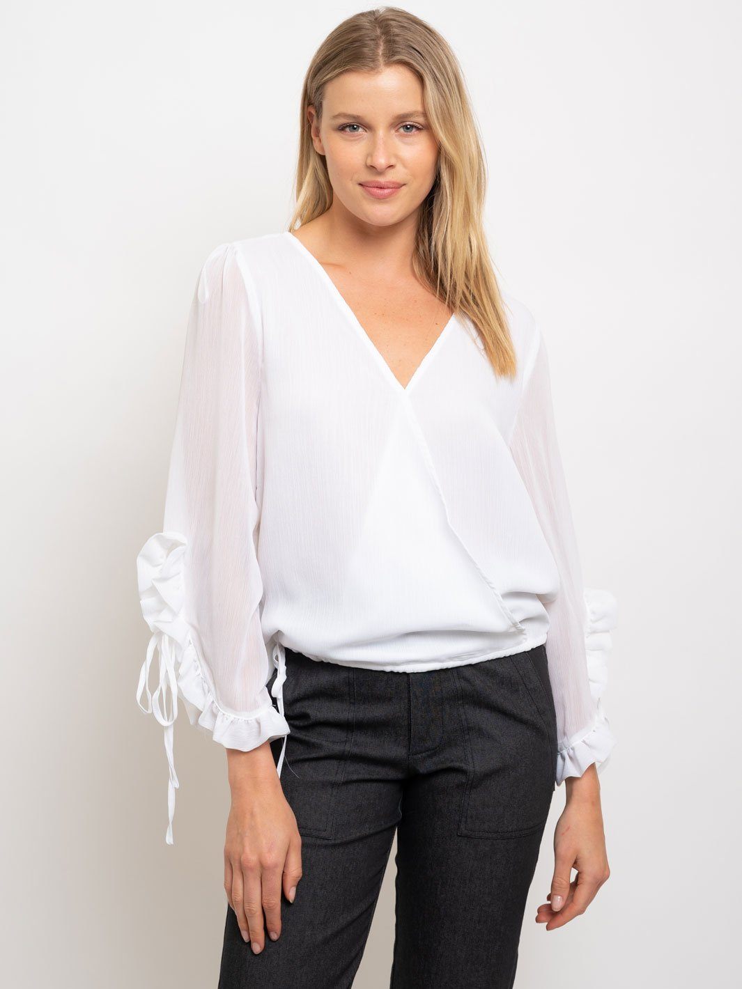 WOMEN'S WRAP LONG SLEEVE RUFFLE DETAIL TOP