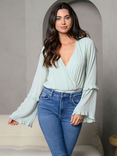 WOMEN'S LONG BELL TIERED SLEEVE SURPLICE BODYSUIT