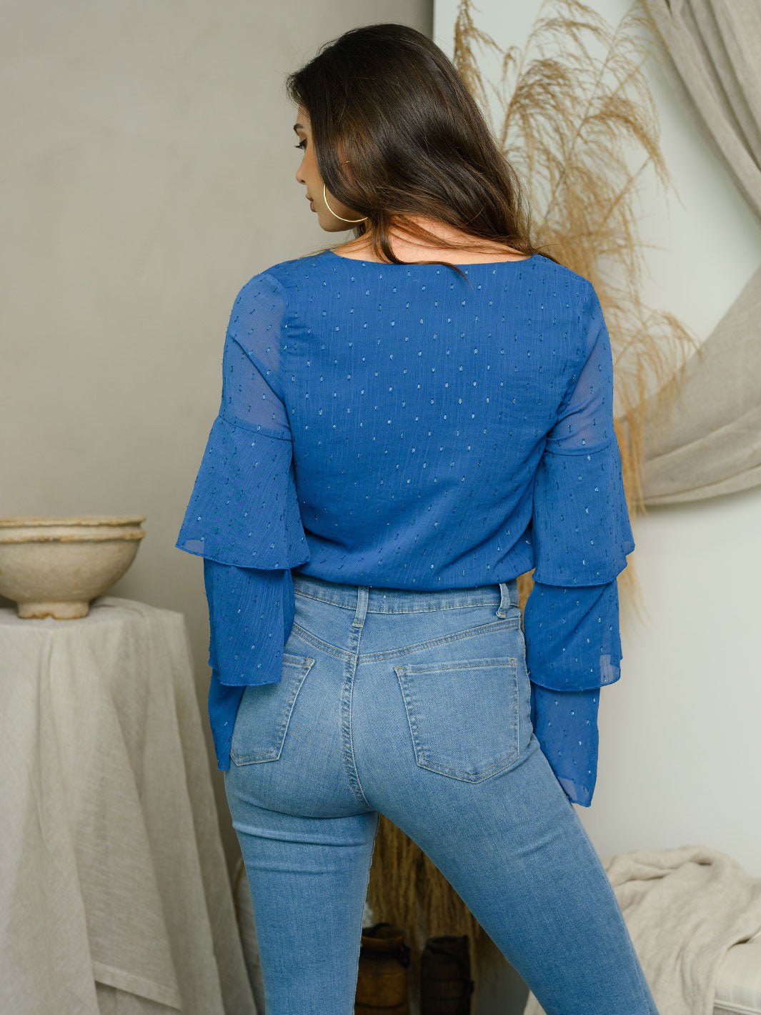 WOMEN'S RUFFLE LONG SLEEVE WRAP BODYSUIT