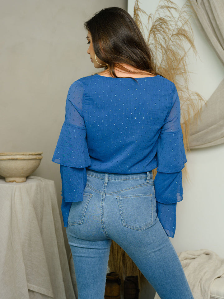 WOMEN'S RUFFLE LONG SLEEVE WRAP BODYSUIT