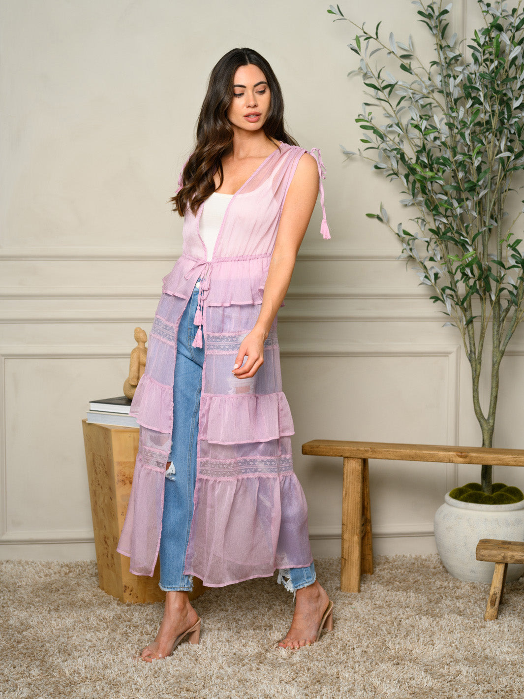 WOMEN'S SLEEVELESS RUFFLE TRIM DETAILED TIERED TOP