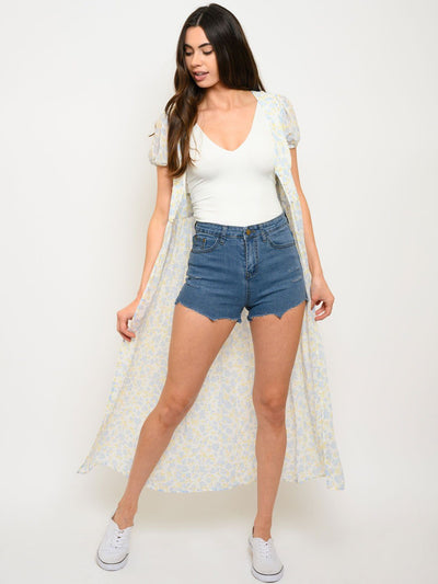 WOMEN'S V-NECK SHORT SLEEVE FLORAL WAIST BAND TOP