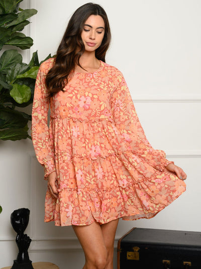 WOMEN'S LONG SLEEVE FLORAL LAYERED MINI DRESS