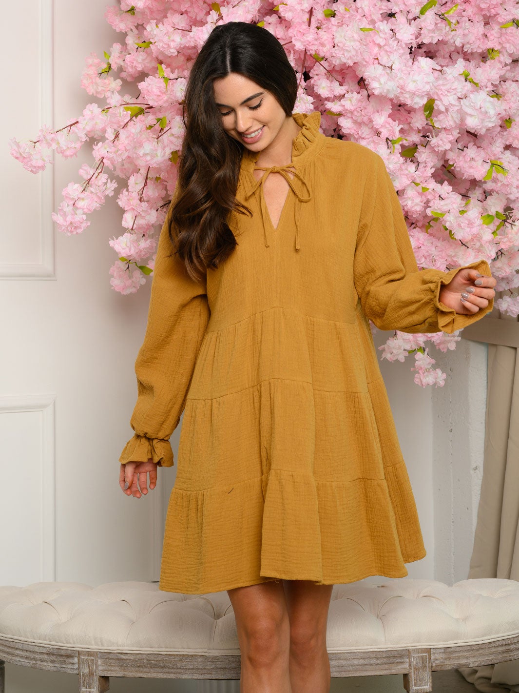 WOMEN'S LONG SLEEVE LINEN MINI DRESS