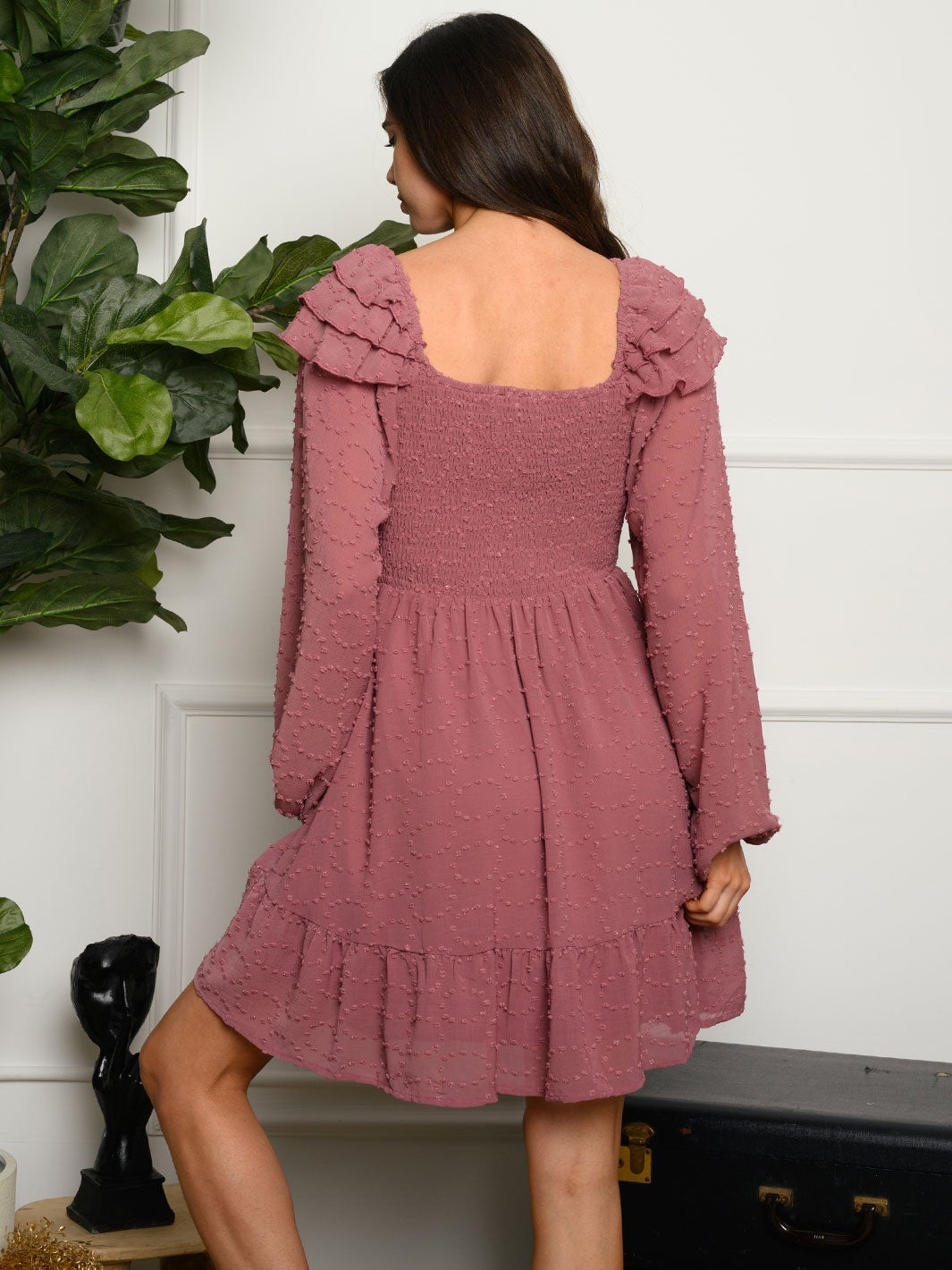 WOMEN'S RUFFLE LONG SLEEVE SWISS MINI DRESS