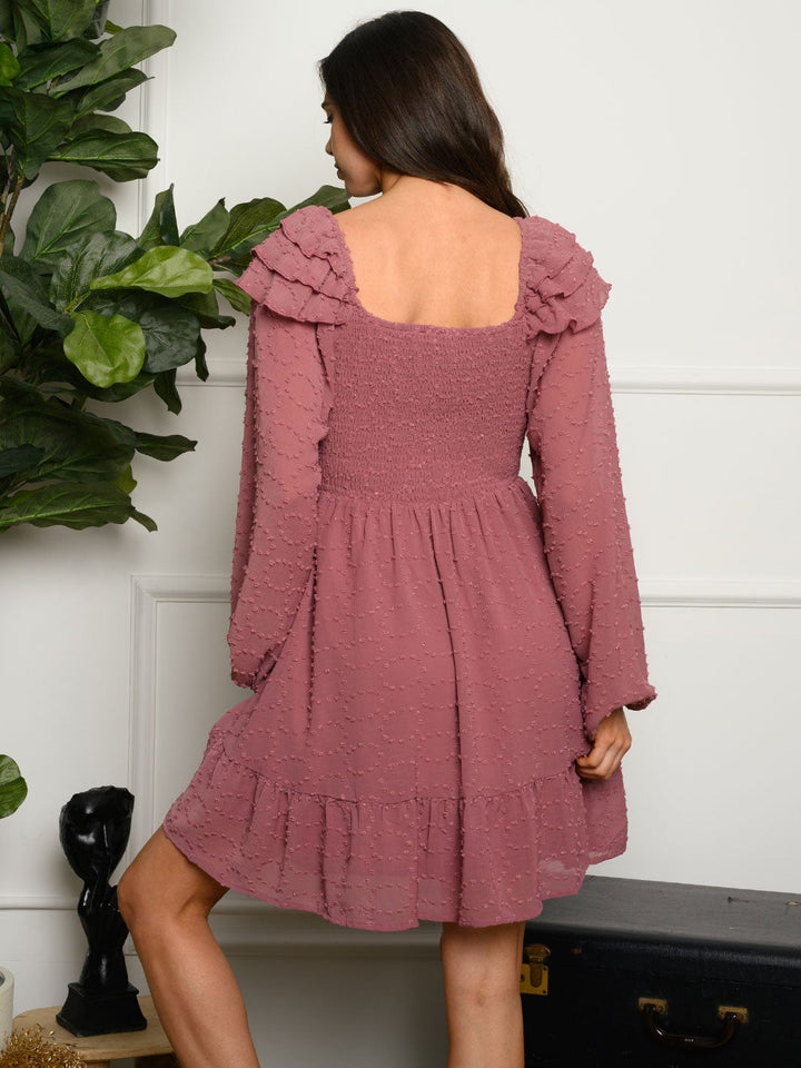 WOMEN'S RUFFLE LONG SLEEVE SWISS MINI DRESS