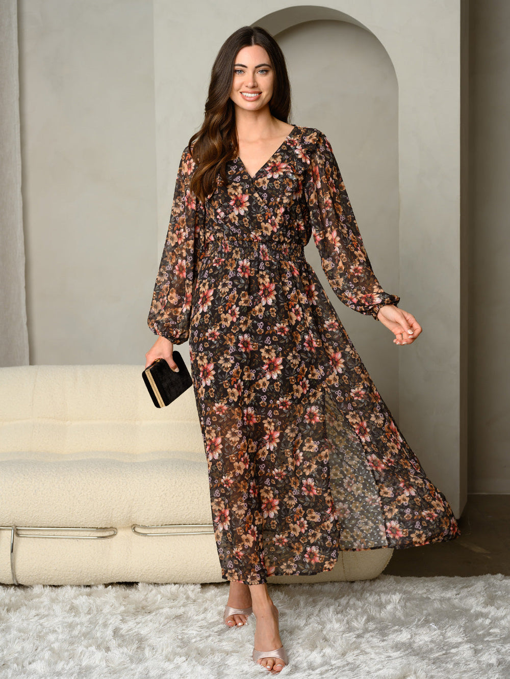 WOMEN'S SURPLICE FLORAL PRINT WITH SMOCKING ON THE WAIST MAXI DRES