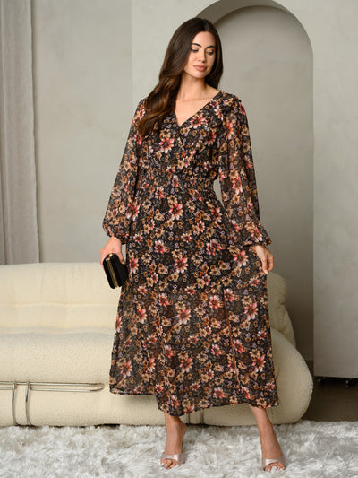 WOMEN'S SURPLICE FLORAL PRINT WITH SMOCKING ON THE WAIST MAXI DRES
